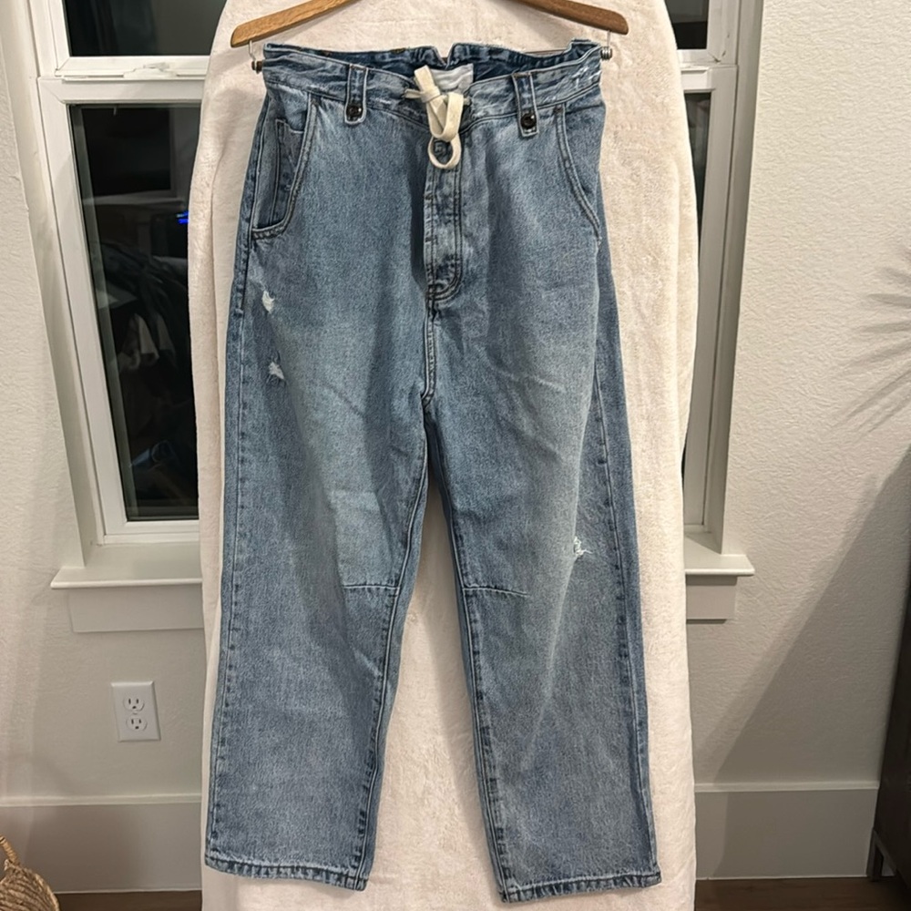 Size 32 Baggy distressed jeans w/button fly & tie to cinch waist - One Teaspoon